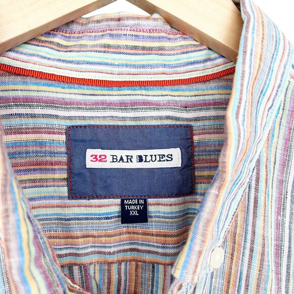 32 Bar Blues Multicolor Striped 100% Linen Long Sleeve Button Down Sz XL - Picture 3 of 5